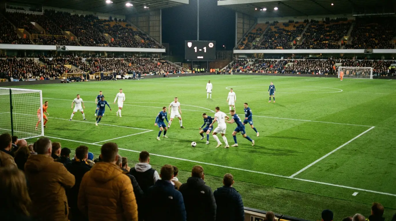Vista de un campo de fútbol con marcador durante un partido de liga europea